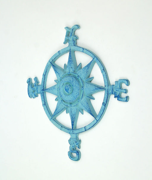 Weathered Blue Cast Iron Nautical Compass Rose Wall Hanging Image 2