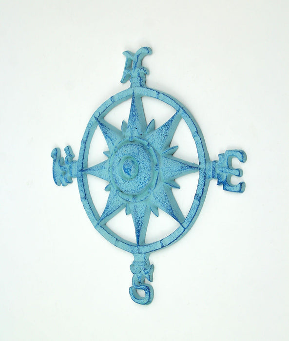 Weathered Blue Cast Iron Nautical Compass Rose Wall Hanging Image 2