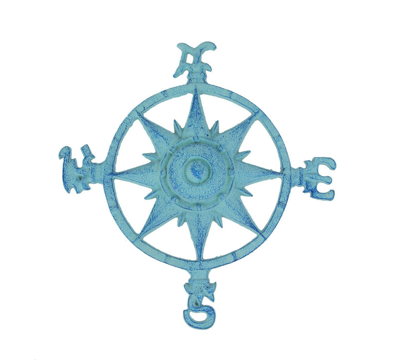 Weathered Blue Cast Iron Nautical Compass Rose Wall Hanging Image 1