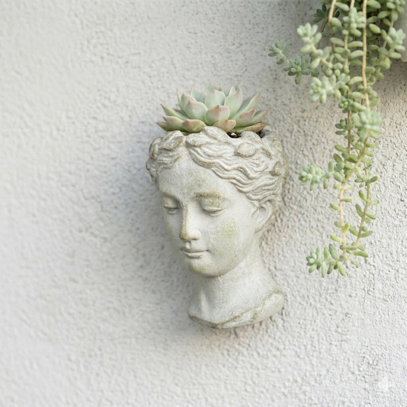 Weathered Gray Greek Lady Statue Wall Mount Cement Head Planter 6 Inches High Image 5