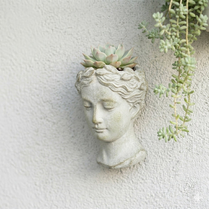 Weathered Gray Greek Lady Statue Wall Mount Cement Head Planter 6 Inches High Image 5
