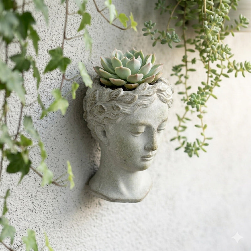 Weathered Gray Greek Lady Statue Wall Mount Cement Head Planter 6 Inches High Image 4