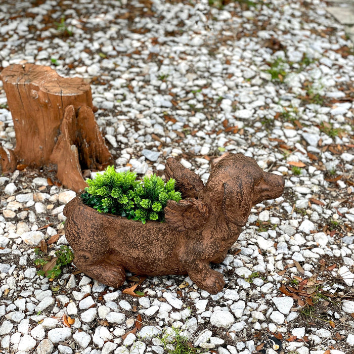 Whimsical Flying Dachshund Planter with Drain Hole – 18 Inch Brown Magnesium Oxide Wiener Dog Animal Planter for Succulents,