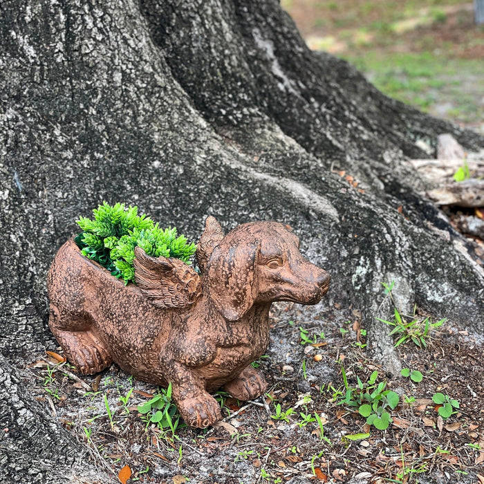 Whimsical Flying Dachshund Planter with Drain Hole – 18 Inch Brown Magnesium Oxide Wiener Dog Animal Planter for Succulents,