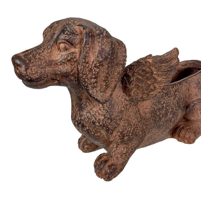 Whimsical Flying Dachshund Planter with Drain Hole – 18 Inch Brown Magnesium Oxide Wiener Dog Animal Planter for Succulents,