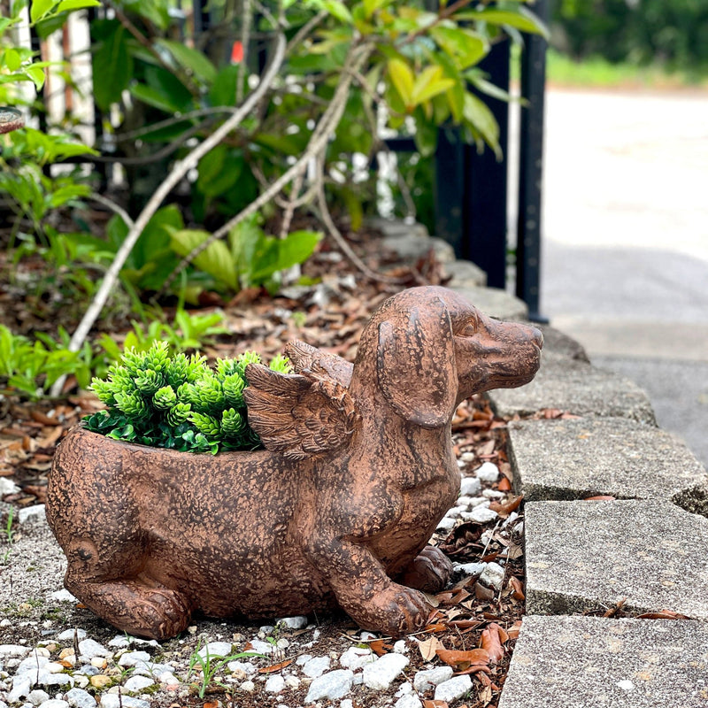 Whimsical Flying Dachshund Planter with Drain Hole – 18 Inch Brown Magnesium Oxide Wiener Dog Animal Planter for Succulents,