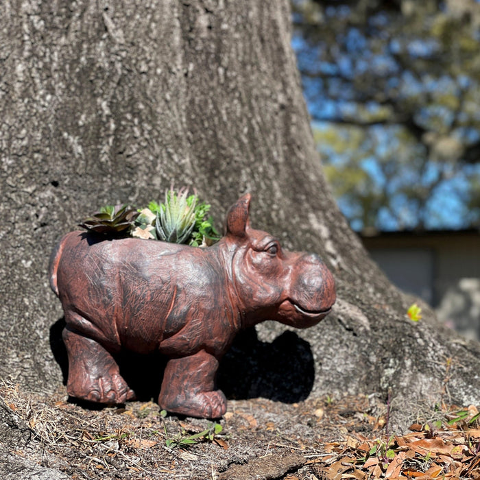 Brown - Image 7 - Charming Brown Hippo MGO Planter with Drain Hole, 17 inches - Durable Weatherproof Magnesium Oxide for