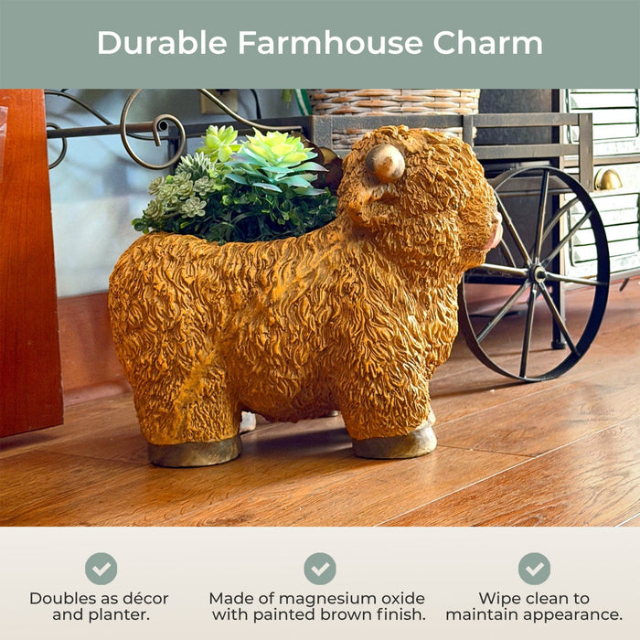 Light Brown - Image 6 - Zeckos Highland Cow Planter, Brown Painted Magnesium Oxide Animal-Shaped Freestanding Planter, 12