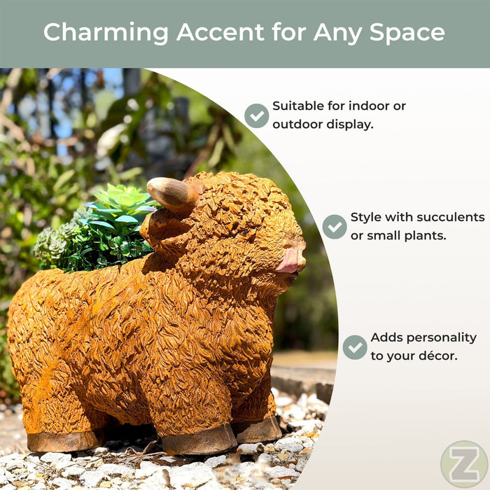 Light Brown - Image 4 - Zeckos Highland Cow Planter, Brown Painted Magnesium Oxide Animal-Shaped Freestanding Planter, 12