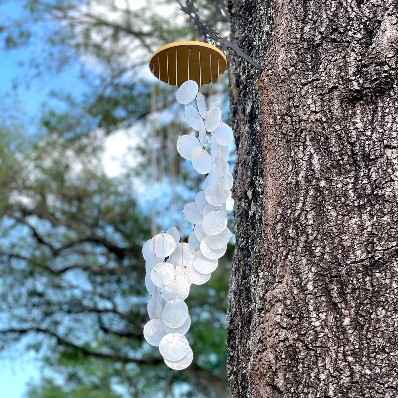 White Capiz Shell Wind Chime – Elegant 29-Inch Hanging Coastal Décor for Patio, Garden, Porch or Balcony, Soothing Melodic