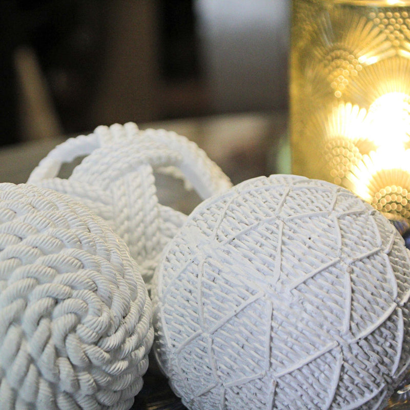 White Orb Rope Decorative Balls – 4" Resin Coastal Accent Orbs for Home Décor – Perfect for Bowls, Baskets, and Centerpieces