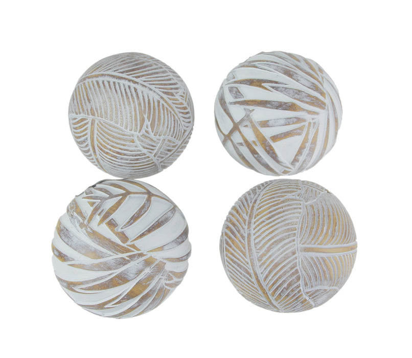 Whitewashed Tropical Leaf Wood Look Decor Balls Set of 4 Image 1