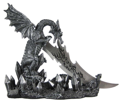 Wicked Fire-Breathing Dragon Stone Grey Knife Holder with Menacing-Looking Dagger - Unique Medieval Style Collectible Decor