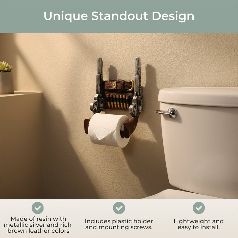 Rustic Double Six Shooter Cowboy Toilet Paper Roll Holder - Western Bathroom Decor - Durable Resin Material - 9.5 Inches High