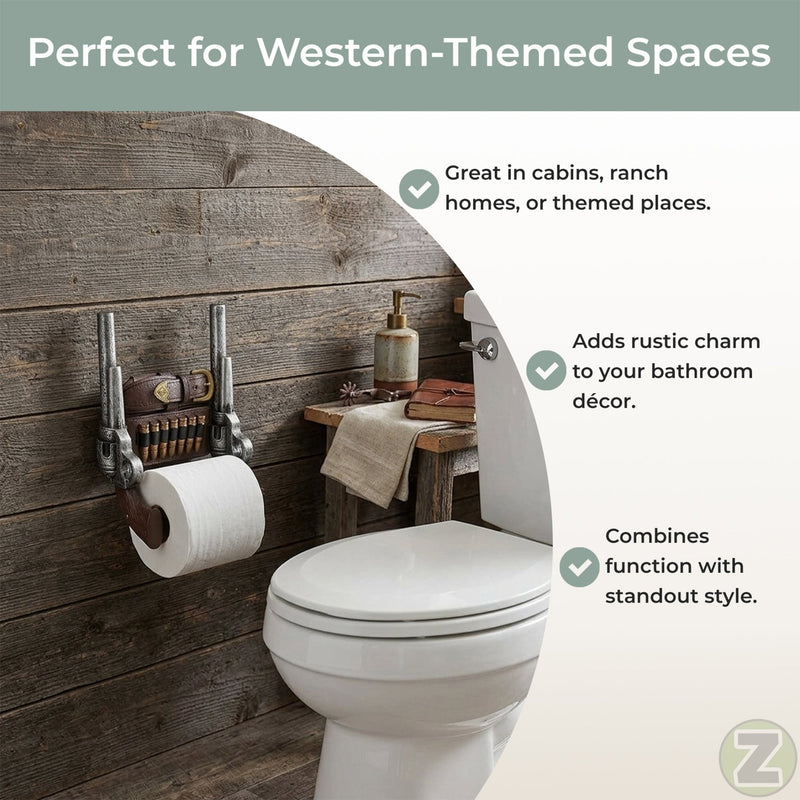 Rustic Double Six Shooter Cowboy Toilet Paper Roll Holder - Western Bathroom Decor - Durable Resin Material - 9.5 Inches High
