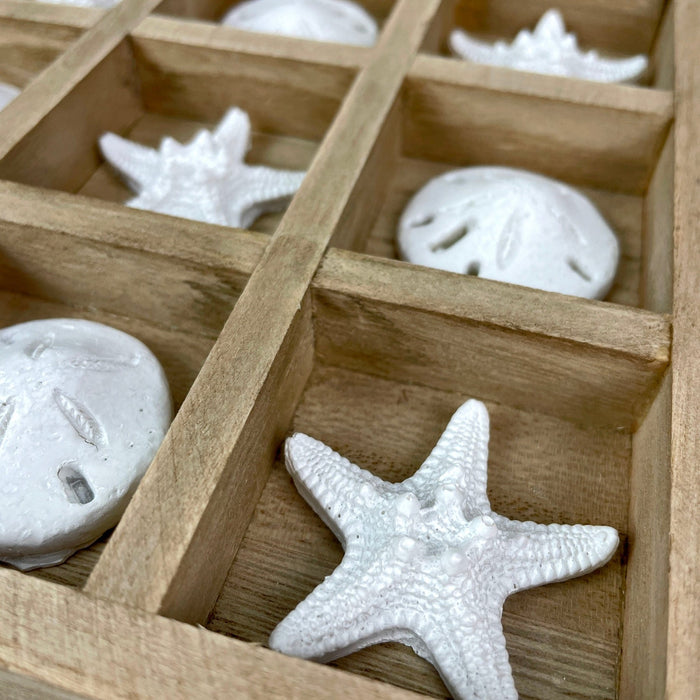 Wooden Tic Tac Toe Game with Starfish and Sand Dollars – 7 inch Rustic Beach Coastal Decor, Coffee Table Decorative Board