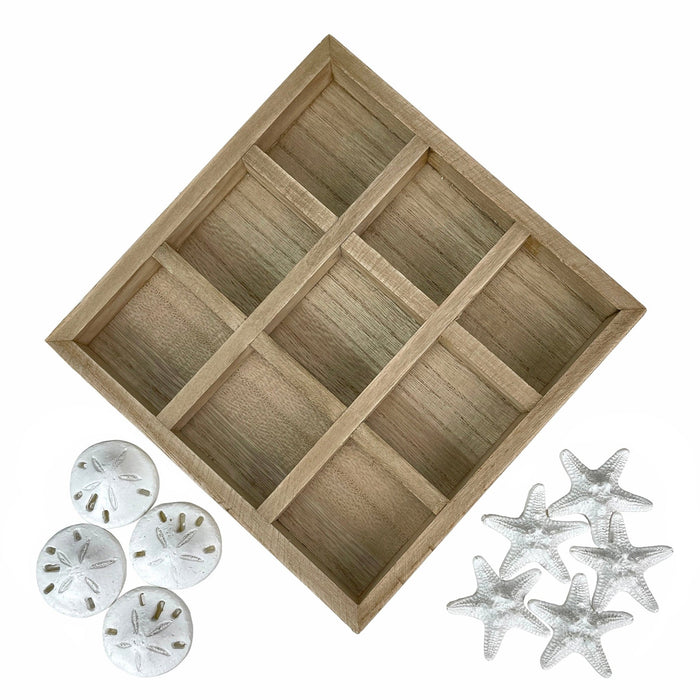 Wooden Tic Tac Toe Game with Starfish and Sand Dollars – 7 inch Rustic Beach Coastal Decor, Coffee Table Decorative Board