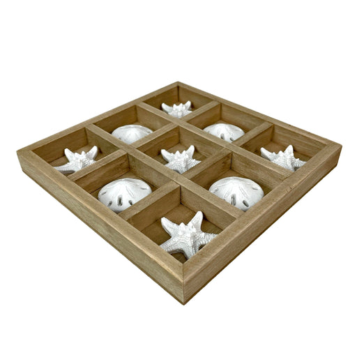 Wooden Tic Tac Toe Game with Starfish and Sand Dollars – 7 inch Rustic Beach Coastal Decor, Coffee Table Decorative Board