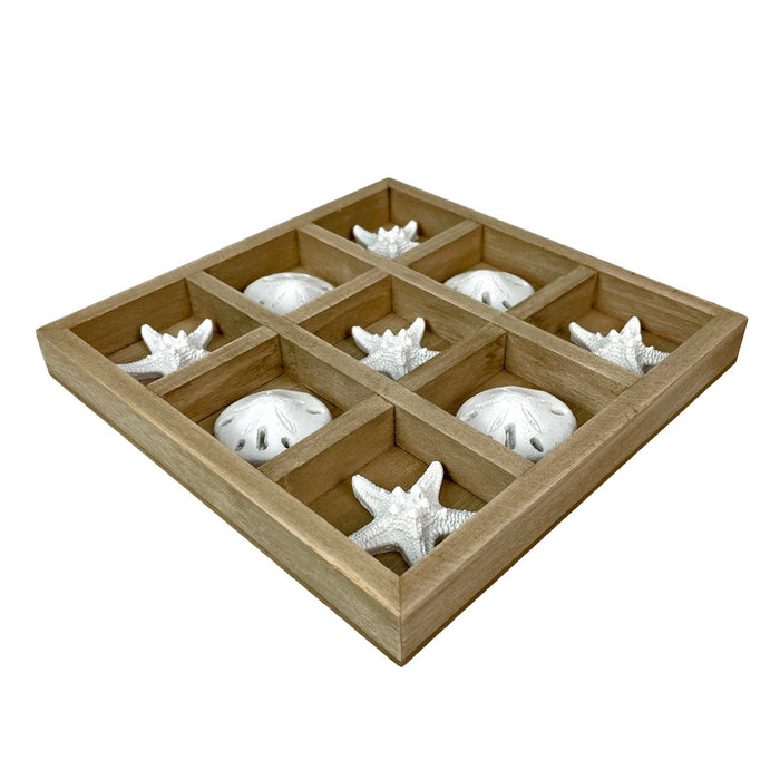 Wooden Tic Tac Toe Game with Starfish and Sand Dollars – 7 inch Rustic Beach Coastal Decor, Coffee Table Decorative Board