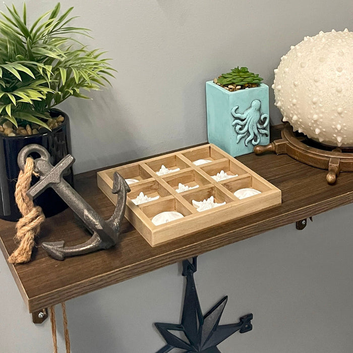 Wooden Tic Tac Toe Game with Starfish and Sand Dollars – 7 inch Rustic Beach Coastal Decor, Coffee Table Decorative Board