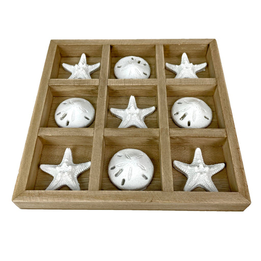 Wooden Tic Tac Toe Game with Starfish and Sand Dollars – 7 inch Rustic Beach Coastal Decor, Coffee Table Decorative Board