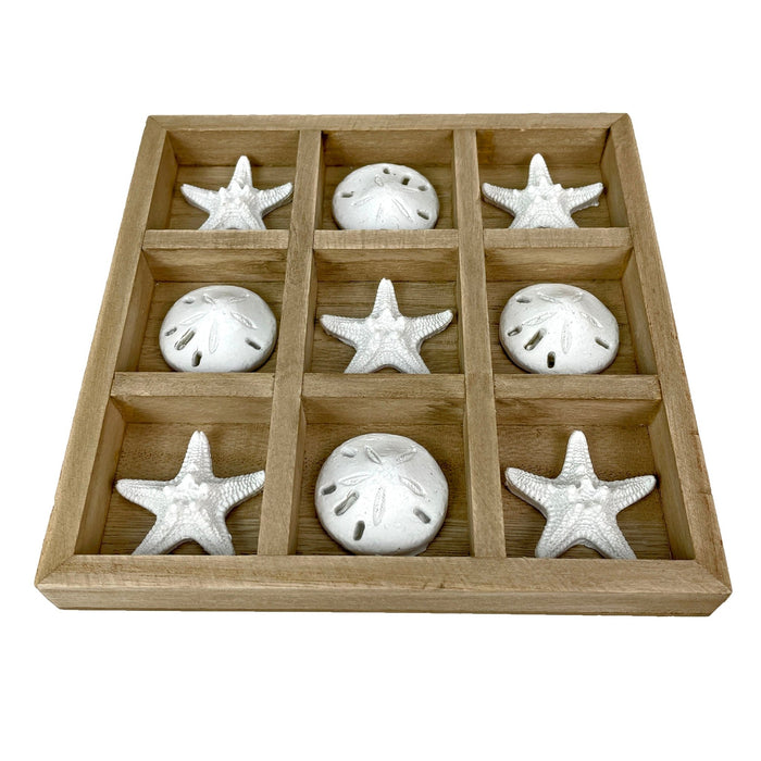 Wooden Tic Tac Toe Game with Starfish and Sand Dollars – 7 inch Rustic Beach Coastal Decor, Coffee Table Decorative Board