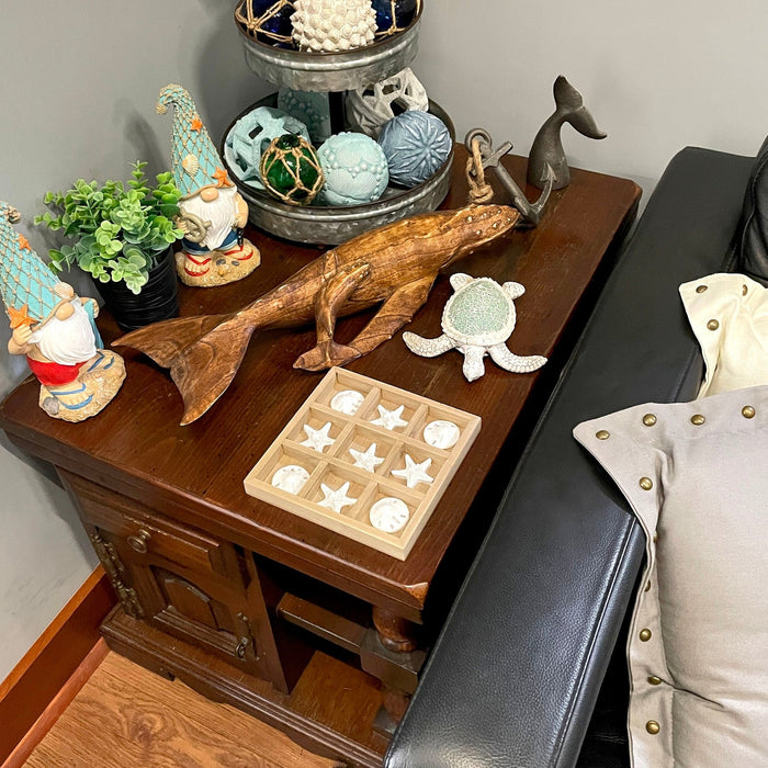 Wooden Tic Tac Toe Game with Starfish and Sand Dollars – 7 inch Rustic Beach Coastal Decor, Coffee Table Decorative Board