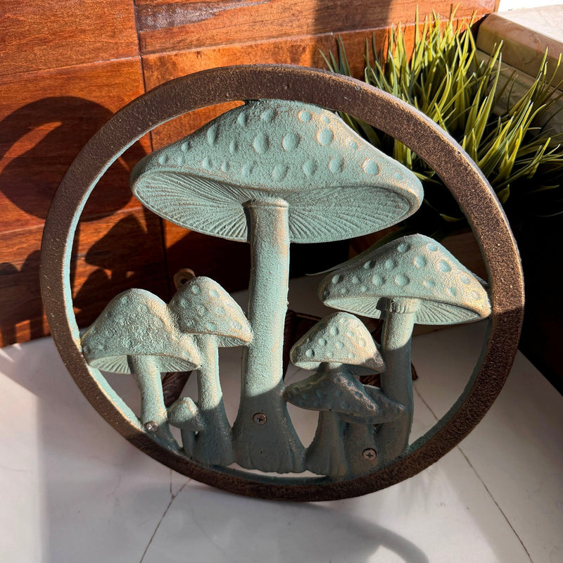 Zeckos 11.75 Inch Cast Iron Mushroom Garden Hose Holder, Verdigris and Bronze Outdoor Hose Hanger with Matching Hardware for