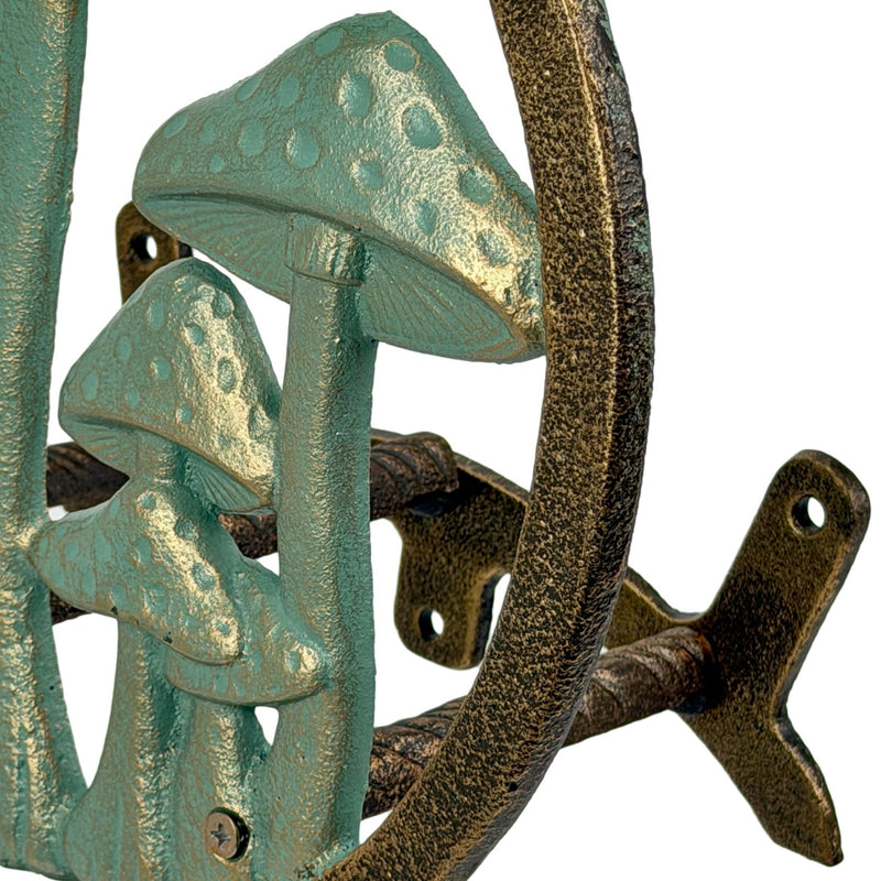Zeckos 11.75 Inch Cast Iron Mushroom Garden Hose Holder, Verdigris and Bronze Outdoor Hose Hanger with Matching Hardware for