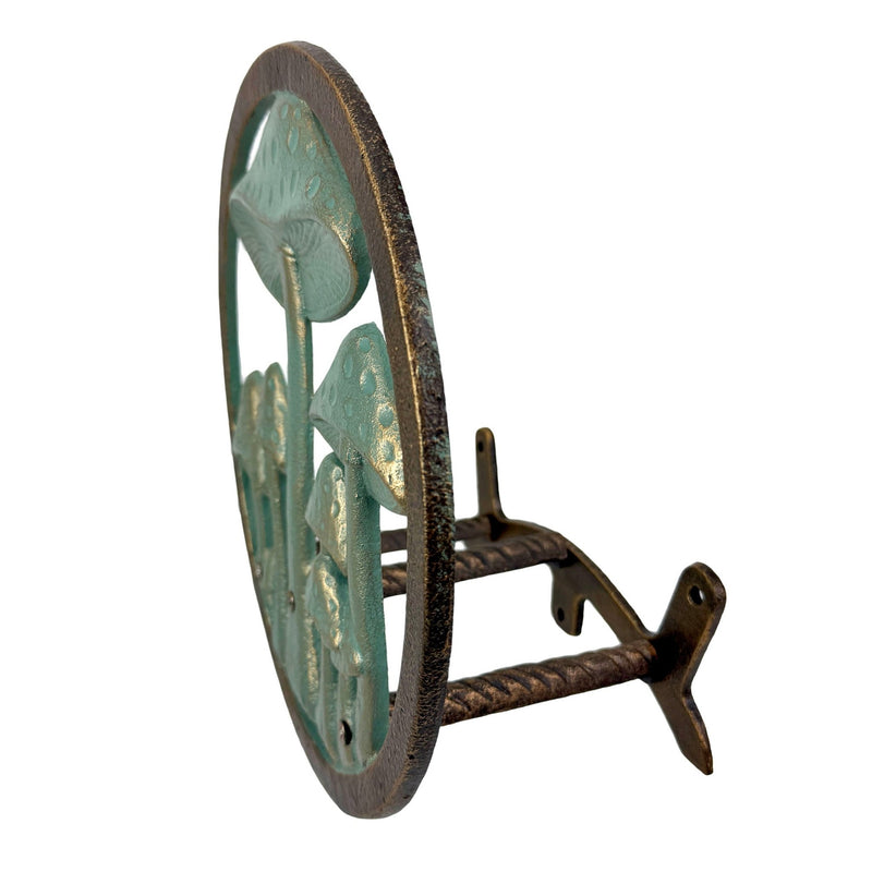 Zeckos 11.75 Inch Cast Iron Mushroom Garden Hose Holder, Verdigris and Bronze Outdoor Hose Hanger with Matching Hardware for