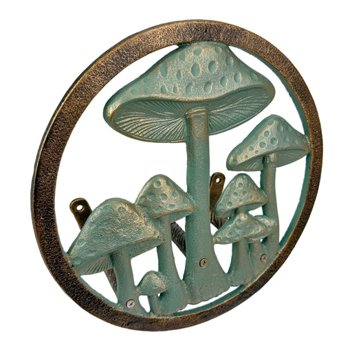 Zeckos 11.75 Inch Cast Iron Mushroom Garden Hose Holder, Verdigris and Bronze Outdoor Hose Hanger with Matching Hardware for