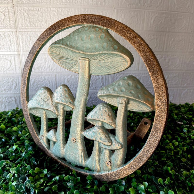 Zeckos 11.75 Inch Cast Iron Mushroom Garden Hose Holder, Verdigris and Bronze Outdoor Hose Hanger with Matching Hardware for