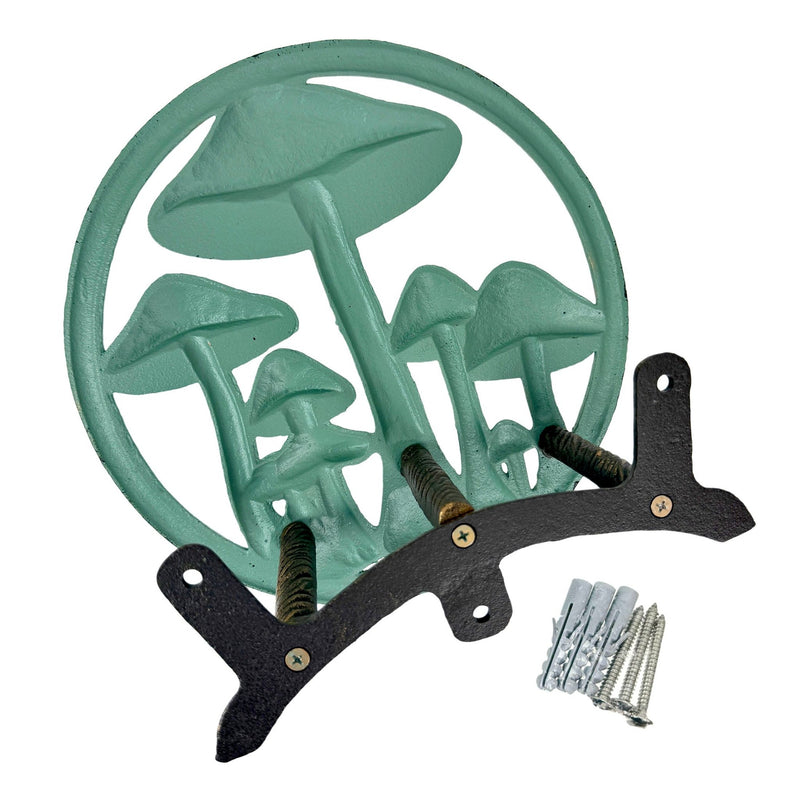 Zeckos 11.75 Inch Cast Iron Mushroom Garden Hose Holder, Verdigris and Bronze Outdoor Hose Hanger with Matching Hardware for