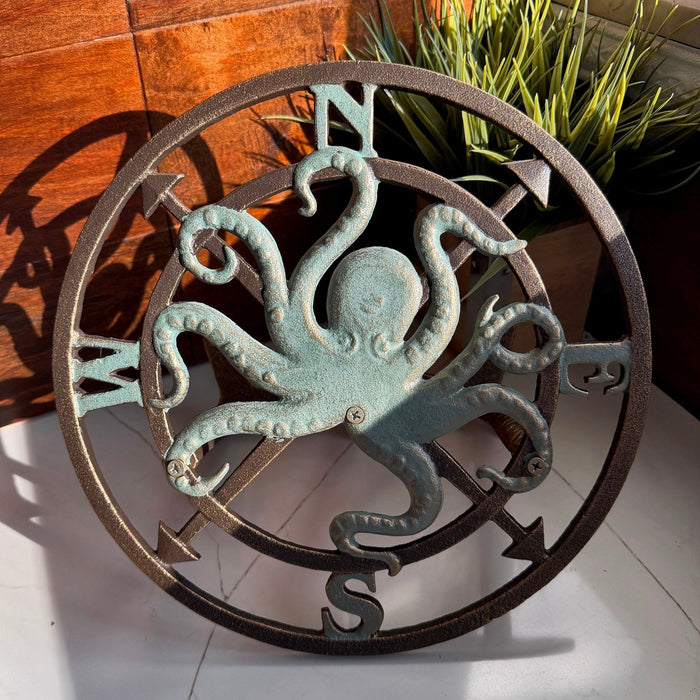 Zeckos 11.75 Inch Cast Iron Octopus Compass Rose Garden Hose Holder, Bronze Verde Patina Nautical Outdoor Wall Mounted