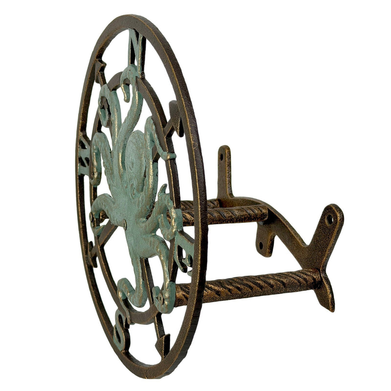 Zeckos 11.75 Inch Cast Iron Octopus Compass Rose Garden Hose Holder, Bronze Verde Patina Nautical Outdoor Wall Mounted