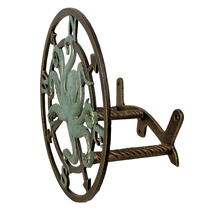 Zeckos 11.75 Inch Cast Iron Octopus Compass Rose Garden Hose Holder, Bronze Verde Patina Nautical Outdoor Wall Mounted