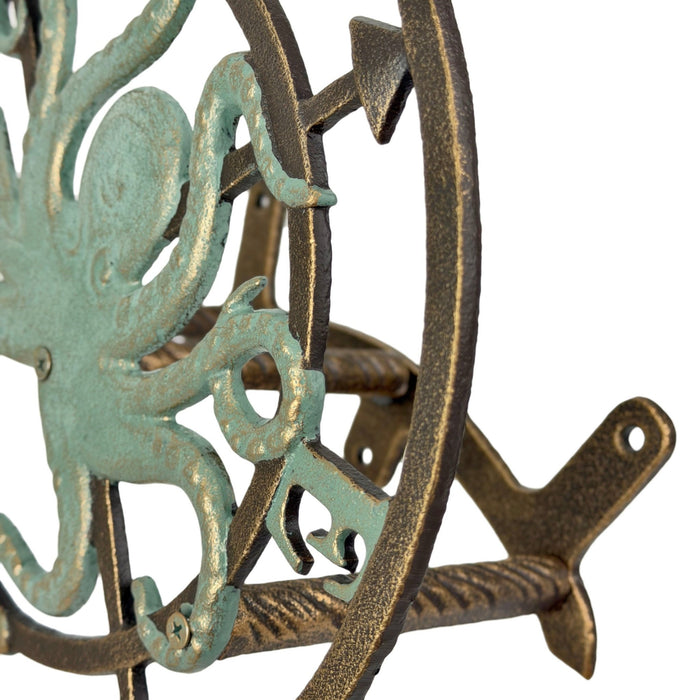 Zeckos 11.75 Inch Cast Iron Octopus Compass Rose Garden Hose Holder, Bronze Verde Patina Nautical Outdoor Wall Mounted