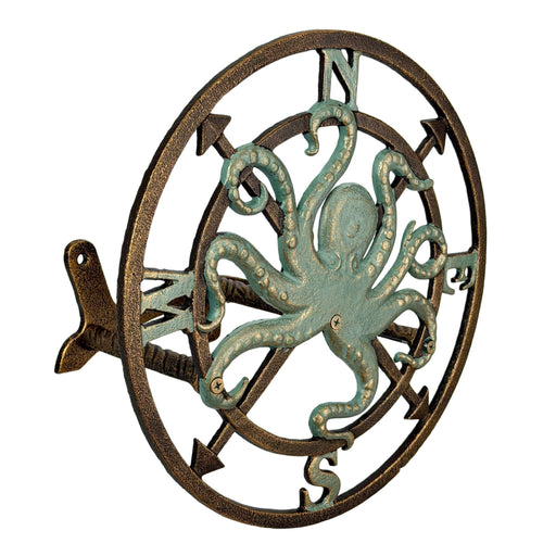 Zeckos 11.75 Inch Cast Iron Octopus Compass Rose Garden Hose Holder, Bronze Verde Patina Nautical Outdoor Wall Mounted