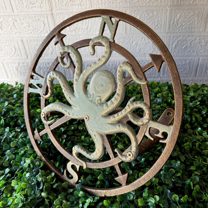 Zeckos 11.75 Inch Cast Iron Octopus Compass Rose Garden Hose Holder, Bronze Verde Patina Nautical Outdoor Wall Mounted