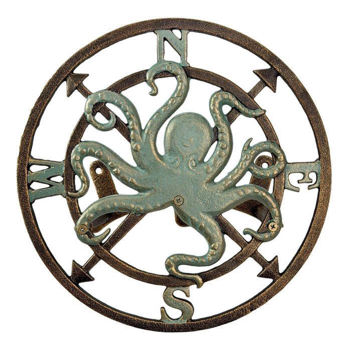 Zeckos 11.75 Inch Cast Iron Octopus Compass Rose Garden Hose Holder, Bronze Verde Patina Nautical Outdoor Wall Mounted