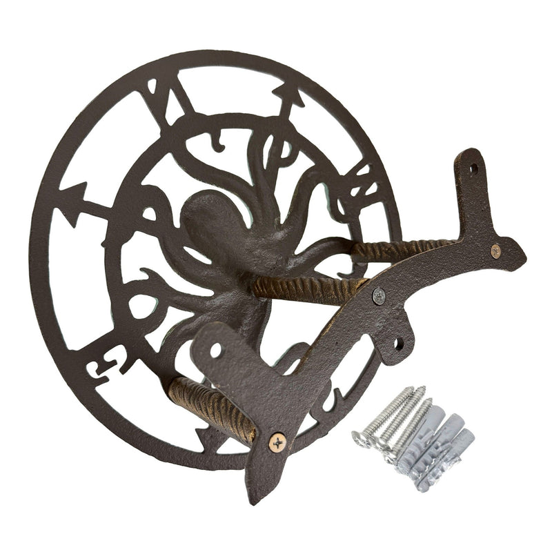 Zeckos 11.75 Inch Cast Iron Octopus Compass Rose Garden Hose Holder, Bronze Verde Patina Nautical Outdoor Wall Mounted