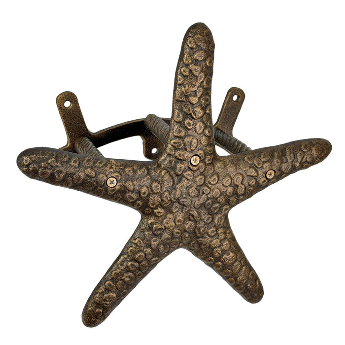 Zeckos 12 Inch Cast Iron Starfish Garden Hose Holder, Bronze Coastal Wall Mounted Hose Hanger with Matching Hardware for