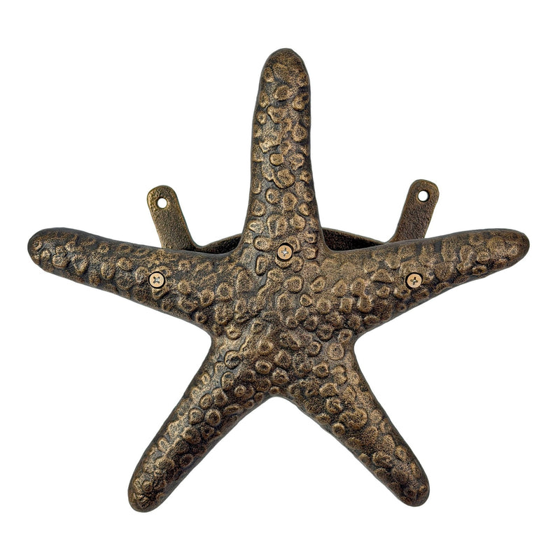 Zeckos 12 Inch Cast Iron Starfish Garden Hose Holder, Bronze Coastal Wall Mounted Hose Hanger with Matching Hardware for