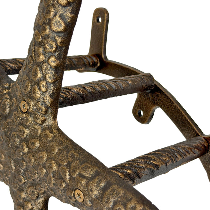 Zeckos 12 Inch Cast Iron Starfish Garden Hose Holder, Bronze Coastal Wall Mounted Hose Hanger with Matching Hardware for