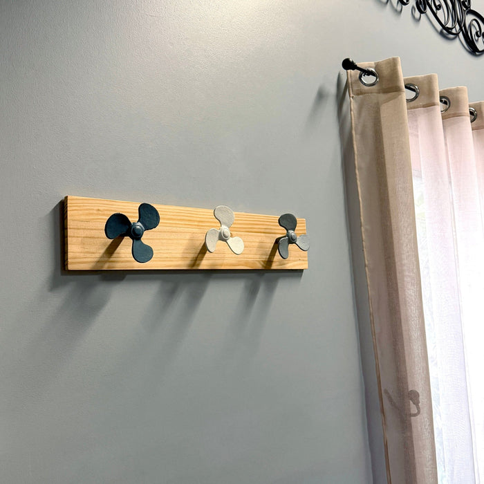 Zeckos 24 Inch Boat Propeller Wall Hooks Rack on Natural Wood Board, Nautical Multicolor Metal and Wood Wall Mounted Coat and