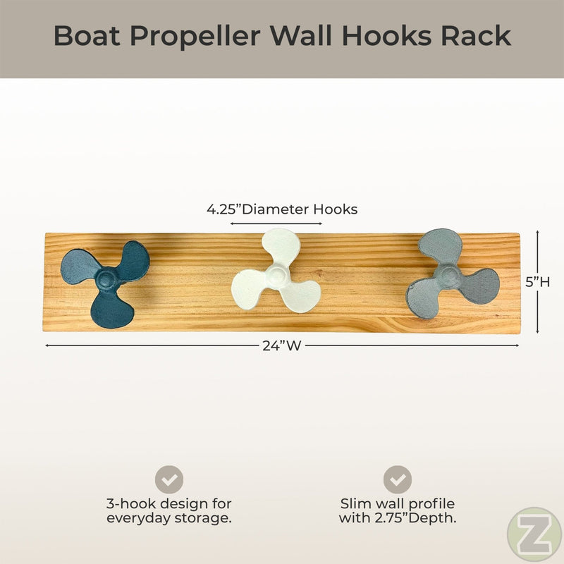Zeckos 24 Inch Boat Propeller Wall Hooks Rack on Natural Wood Board, Nautical Multicolor Metal and Wood Wall Mounted Coat and