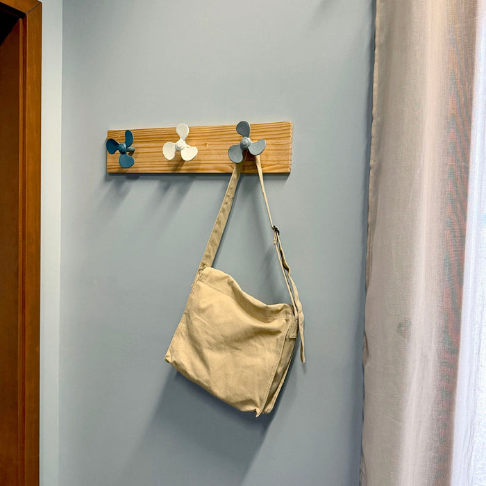 Zeckos 24 Inch Boat Propeller Wall Hooks Rack on Natural Wood Board, Nautical Multicolor Metal and Wood Wall Mounted Coat and