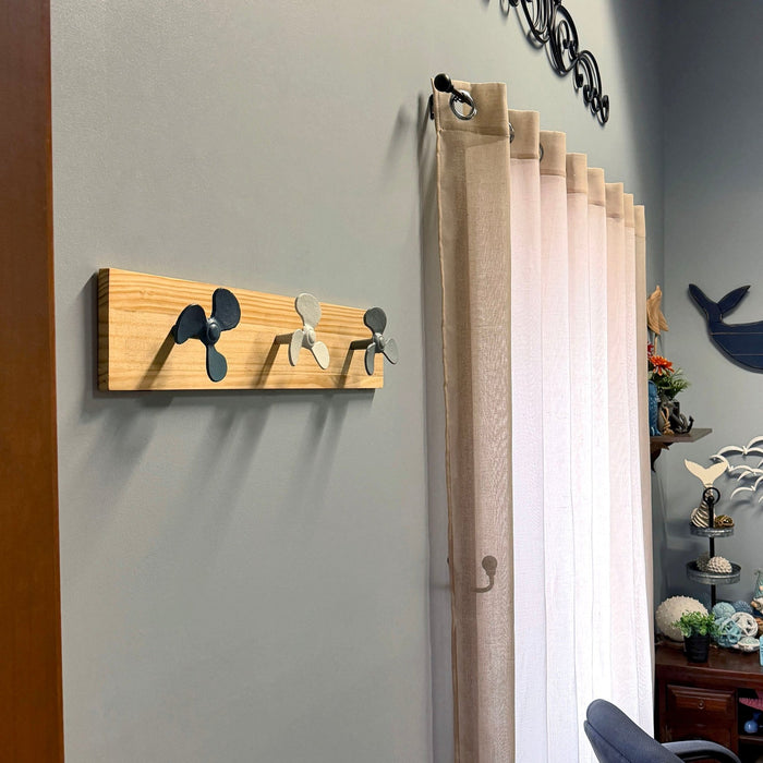 Zeckos 24 Inch Boat Propeller Wall Hooks Rack on Natural Wood Board, Nautical Multicolor Metal and Wood Wall Mounted Coat and