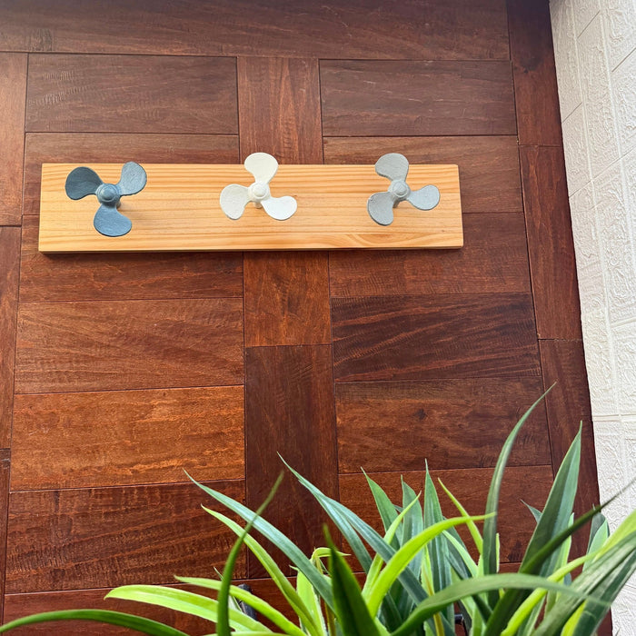 Zeckos 24 Inch Boat Propeller Wall Hooks Rack on Natural Wood Board, Nautical Multicolor Metal and Wood Wall Mounted Coat and