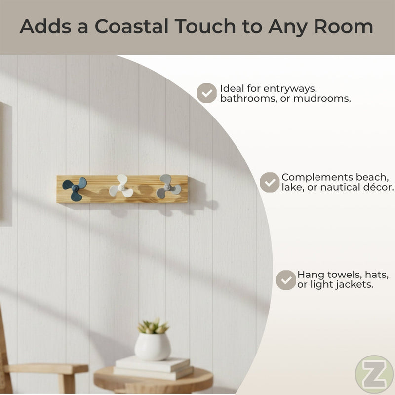 Zeckos 24 Inch Boat Propeller Wall Hooks Rack on Natural Wood Board, Nautical Multicolor Metal and Wood Wall Mounted Coat and